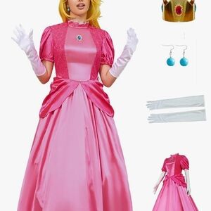 Pink PrincessPeach Womens Costume with Crown, EARRINGS, brooch and GLOVES